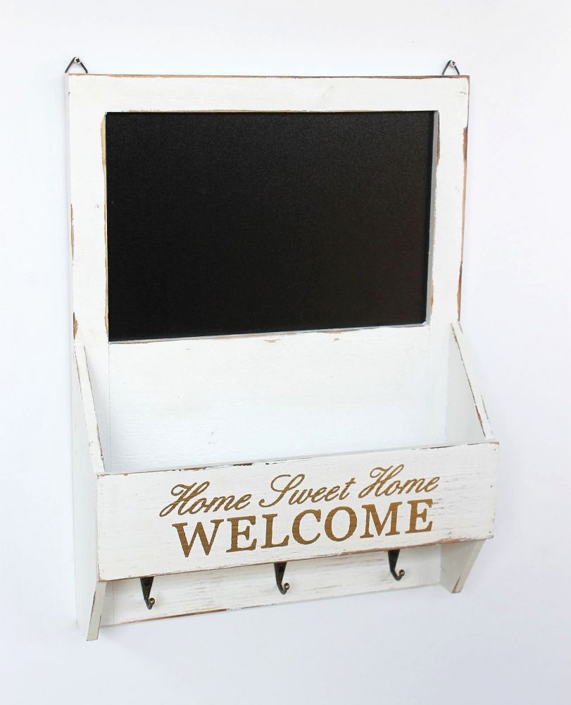 DanDiBo wall organiser vintage key board wood with shelf 93751 white 40 cm key board letter tray chalkboard key box shabby chic memo board