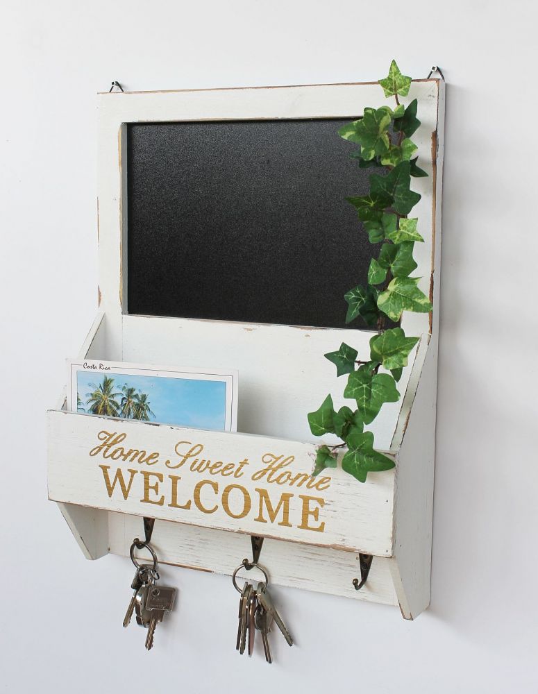 DanDiBo wall organiser vintage key board wood with shelf 93751 white 40 cm key board letter tray chalkboard key box shabby chic memo board