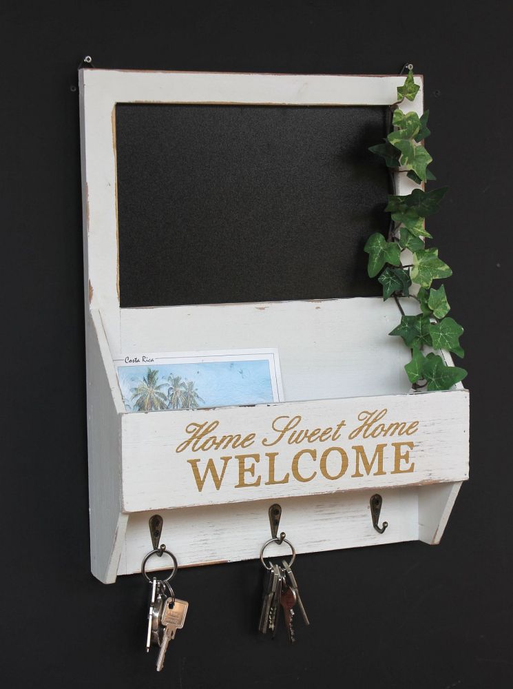 DanDiBo wall organiser vintage key board wood with shelf 93751 white 40 cm key board letter tray chalkboard key box shabby chic memo board