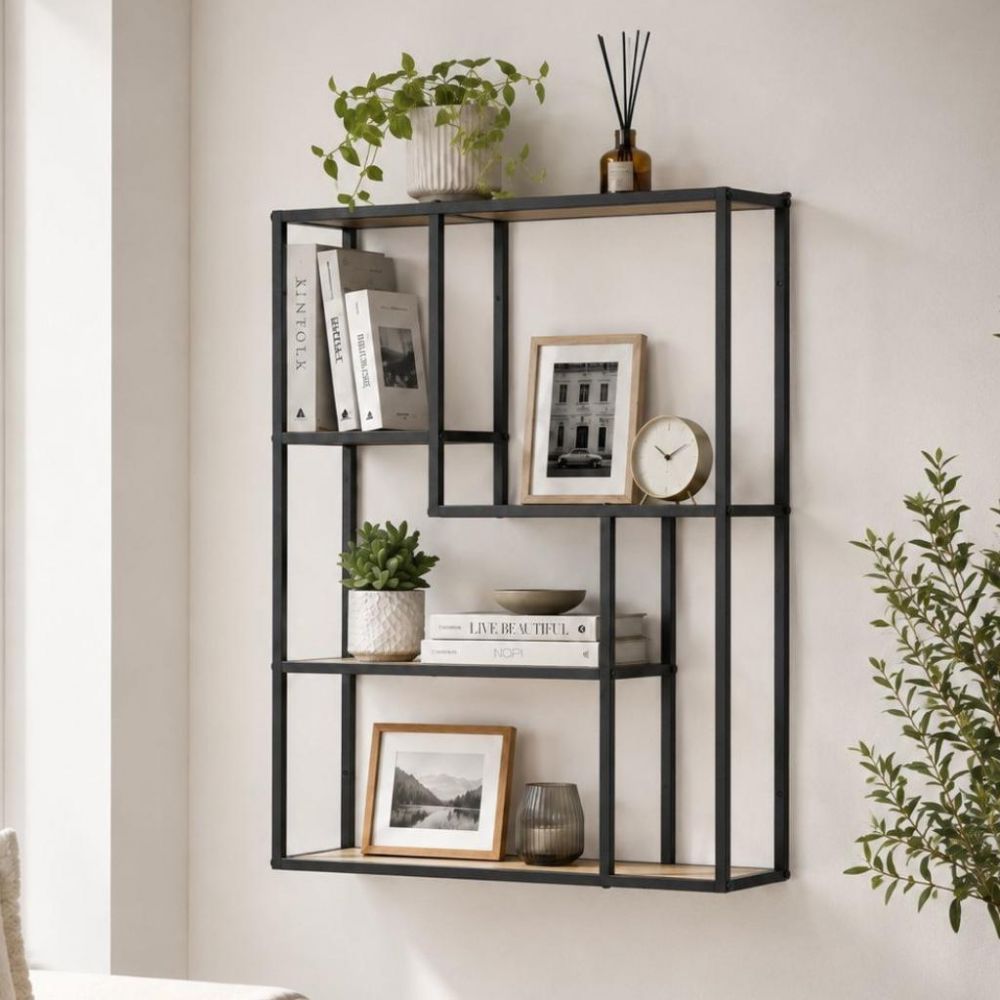 DanDiBo Wandregal Schwarz Metall 90x75x20 cm 96702 Regal Wand Hängeregal Küchenregal Wohnzimmerregal Wandmontage Modern