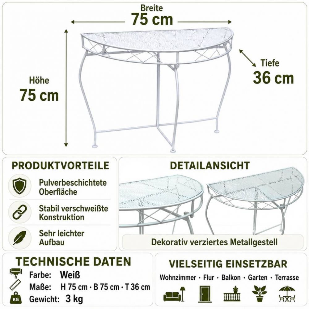 DanDiBo Wall Table Semi-Round 90 cm Hallway Table Console Table Metal White Half Table Side Table Wall Vintage Antique