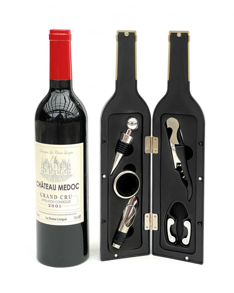 DanDiBo Weinöffner Set 5 Tlg. im Weinflaschen Design Wein Zubehör Set Geschenk mit Kellnermesser Korkenzieher Ausgießer Tropfring Korken mit Dichtung Geschenkset Rot