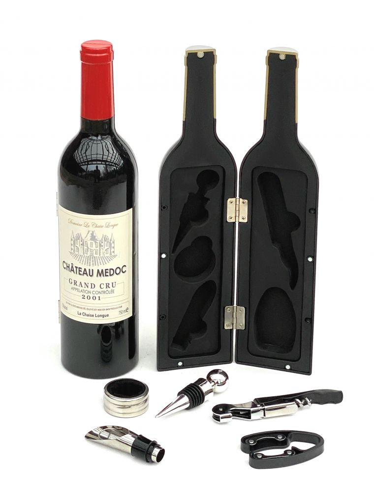 DanDiBo Weinöffner Set 5 Tlg. im Weinflaschen Design Wein Zubehör Set Geschenk mit Kellnermesser Korkenzieher Ausgießer Tropfring Korken mit Dichtung Geschenkset Rot