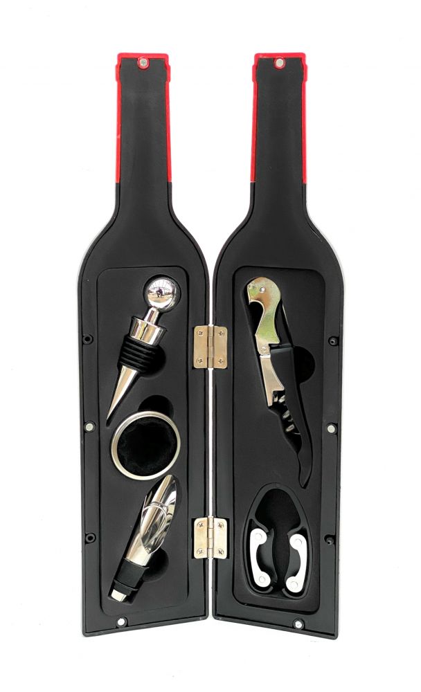 DanDiBo Weinöffner Set 5 Tlg. im Weinflaschen Design Wein Zubehör Set Geschenk mit Kellnermesser Korkenzieher Ausgießer Tropfring Korken mit Dichtung Geschenkset Rot