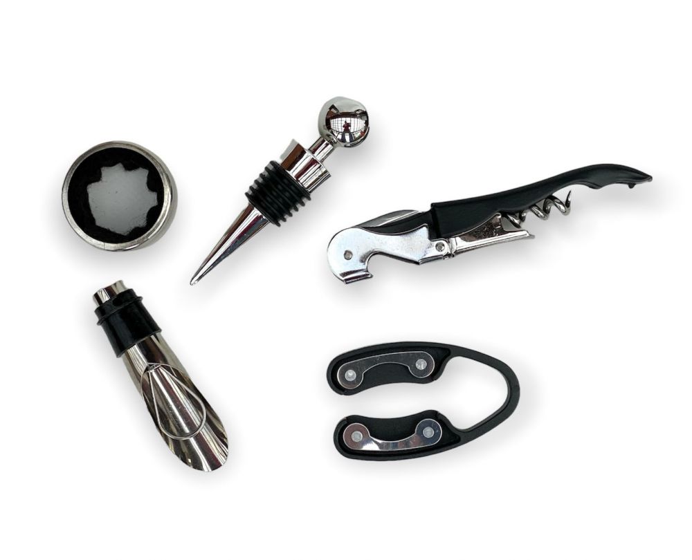 DanDiBo Weinöffner Set 5 Tlg. im Weinflaschen Design Wein Zubehör Set Geschenk mit Kellnermesser Korkenzieher Ausgießer Tropfring Korken mit Dichtung Geschenkset Silber