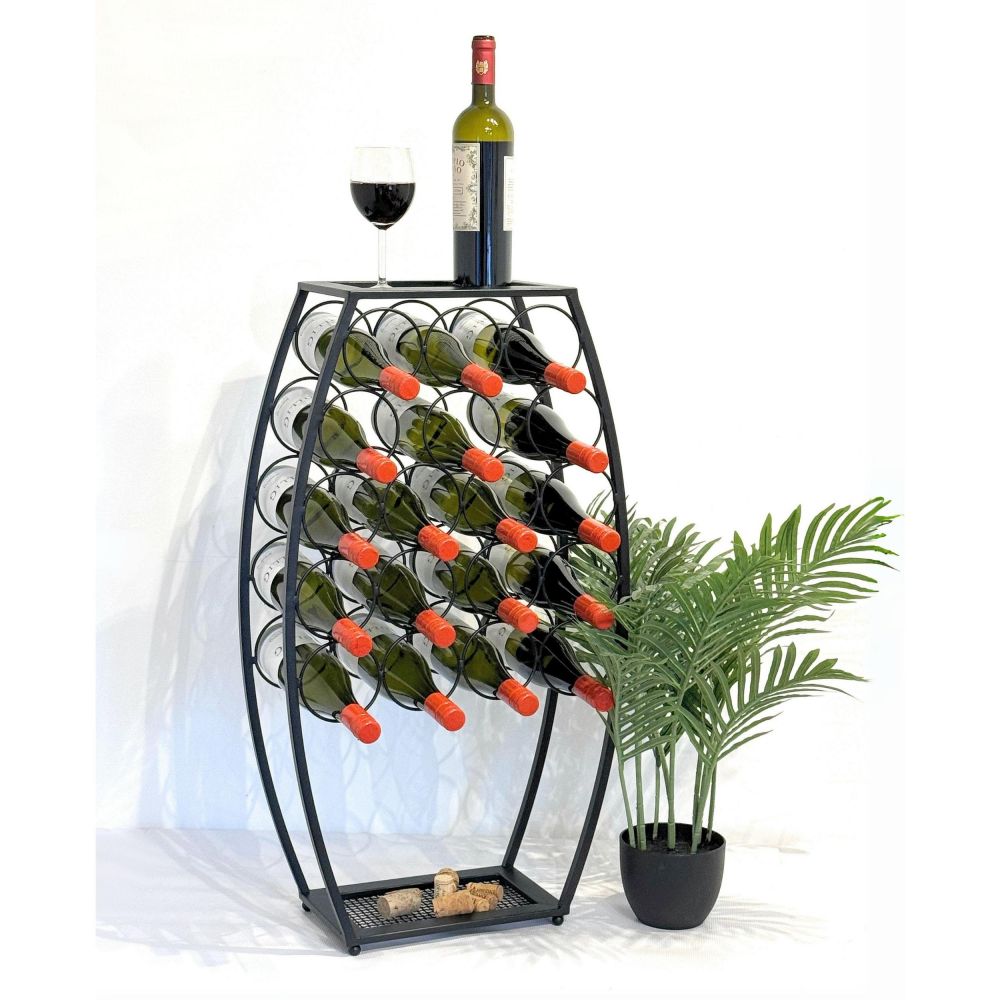 Metal Wine Rack Black Standing 83 cm 96640 Wine Stand for 18 Bottles Decorative Wine Bottle Holder in Barrel Design Bottle Rack with Shelf