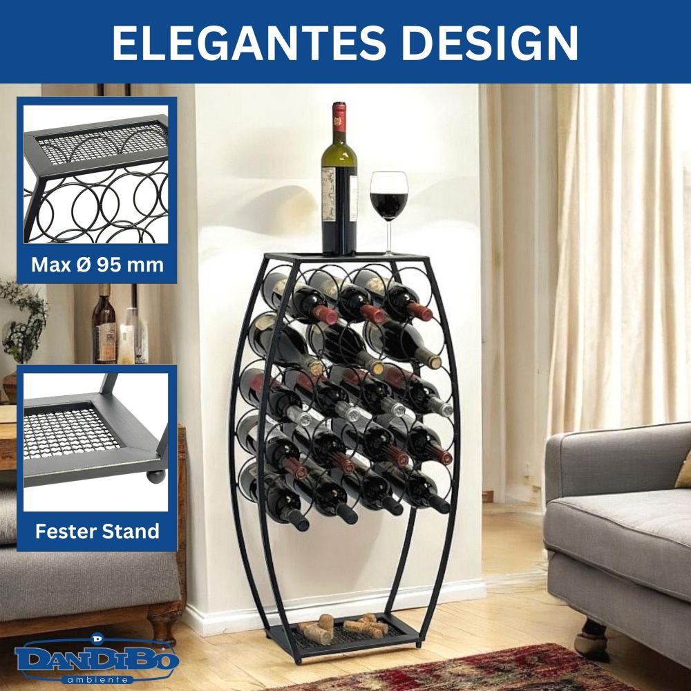 Metal Wine Rack Black Standing 83 cm 96640 Wine Stand for 18 Bottles Decorative Wine Bottle Holder in Barrel Design Bottle Rack with Shelf