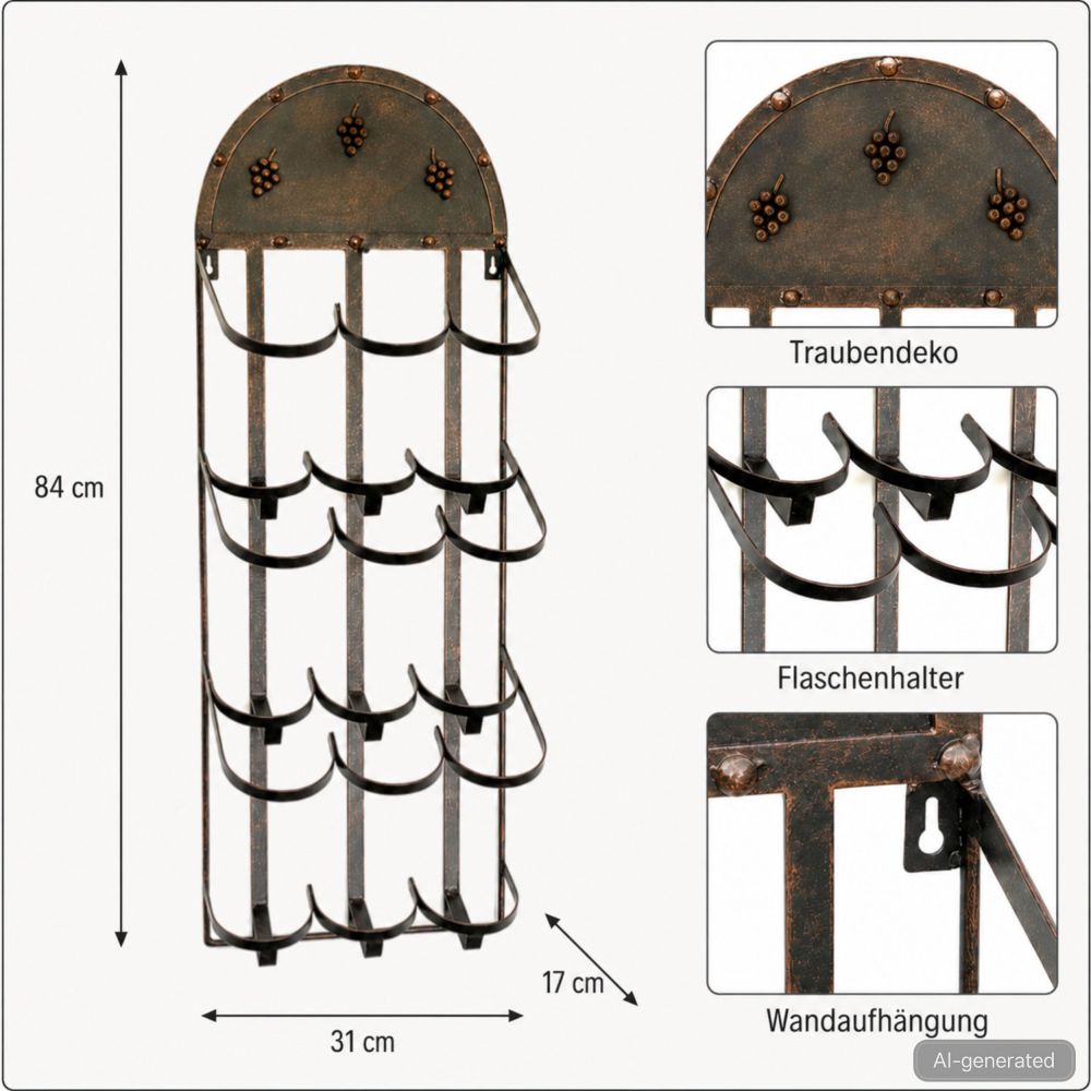 DanDiBo Wall Mounted Metal Wine Rack Bronze 96192 Hanging Bottle Rack Wine Holder Wine Bottle Storage