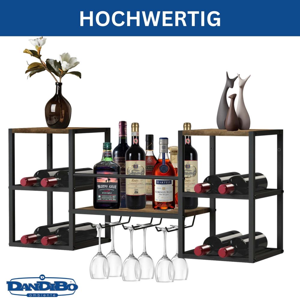 DanDiBo Weinregal Wand Metall Holz 96604 Flaschenregal mit Glashalter Wandmontage Weinflaschenhalter Weinhalter Flaschenhalter