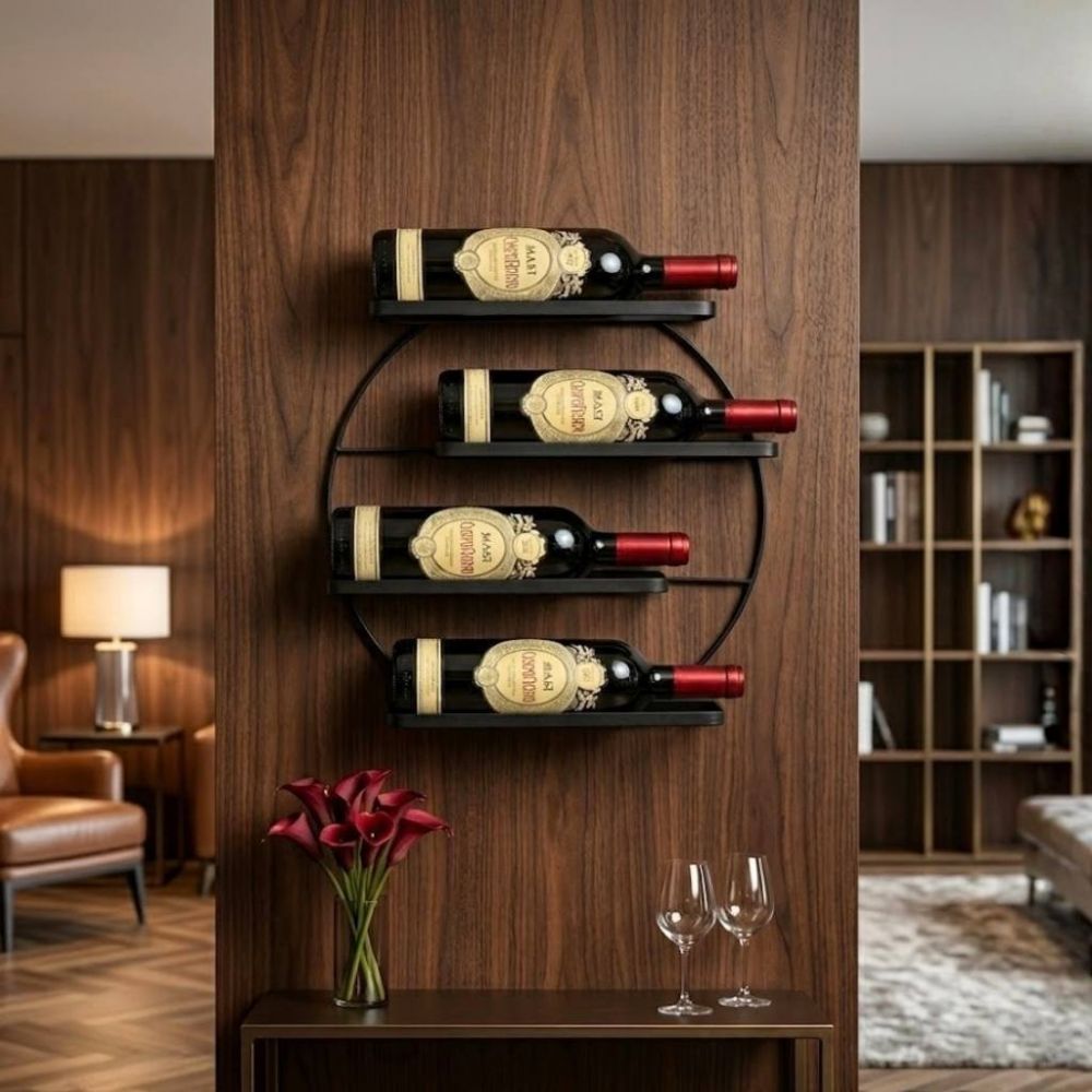 DanDiBo Weinregal Wand Metall Schwarz Andante Rund Flaschenregal Flaschenhalter Weinflaschenhalter Hängend Weinständer Wandregal für 4 Flaschen Wine Rack