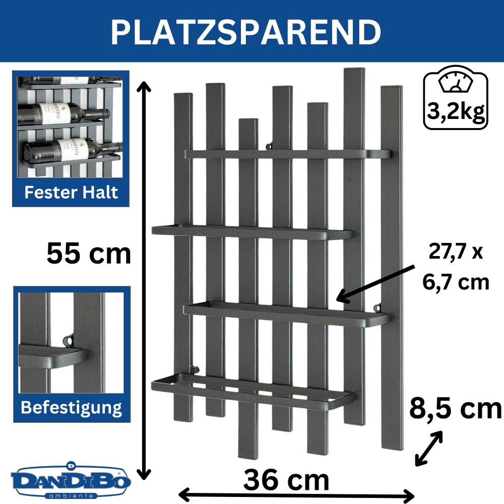 DanDiBo Weinregal Wand Metall Schwarz Modern 96691 Flaschenregal Schmal Wandmontage Wine Rack Weinflaschenhalter Weinhalter Flaschenhalter