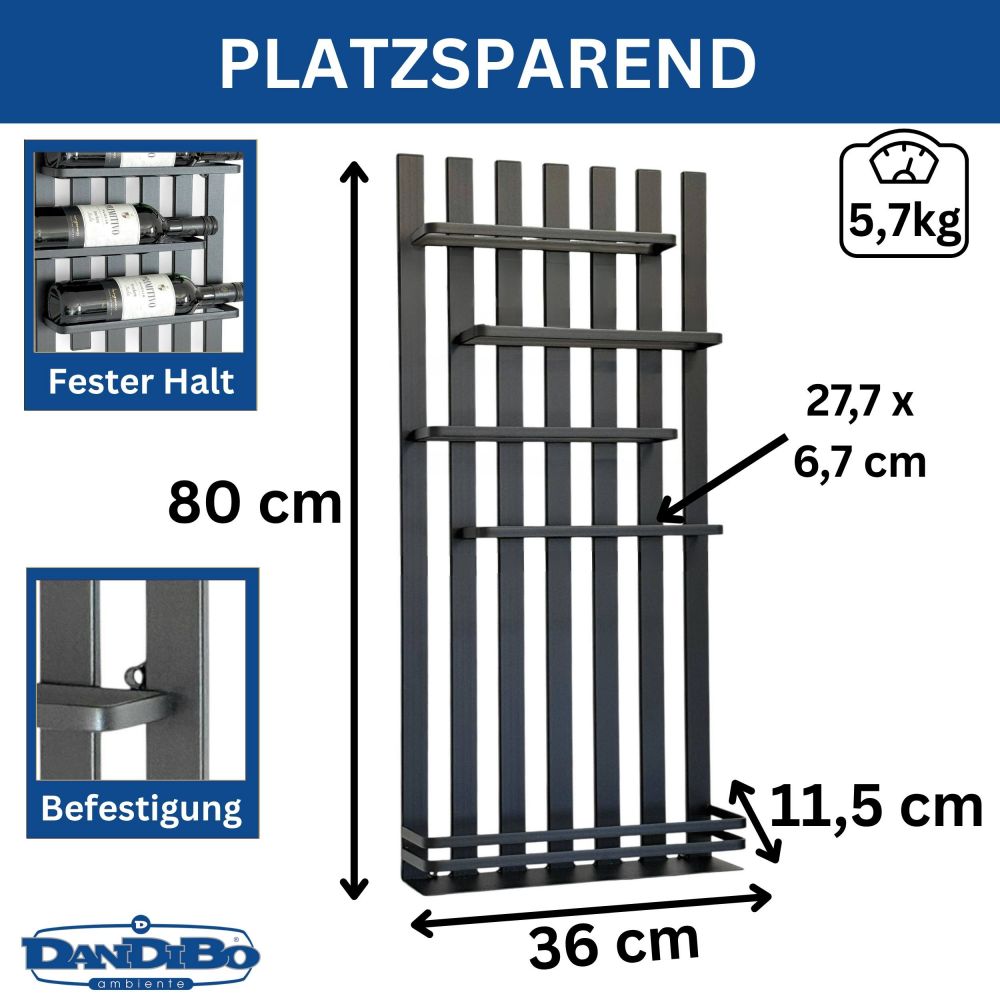DanDiBo Weinregal Wand Metall Schwarz Modern 96692 Flaschenregal Schmal Wandmontage Wine Rack Weinflaschenhalter Weinhalter Flaschenhalter
