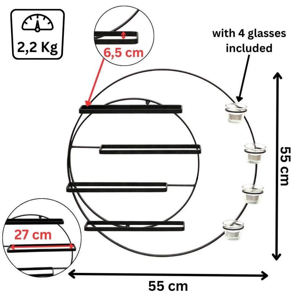 DanDiBo Wall Wine Rack Metal for 4 Bottles and Tealights 55 cm Black Vivace 96214 Round Bottle Rack Bottle Holder Wall Mount Wall Shelf