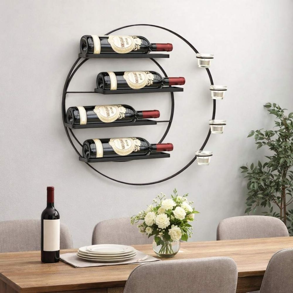DanDiBo Wall Wine Rack Metal for 4 Bottles and Tealights 55 cm Black Vivace 96214 Round Bottle Rack Bottle Holder Wall Mount Wall Shelf