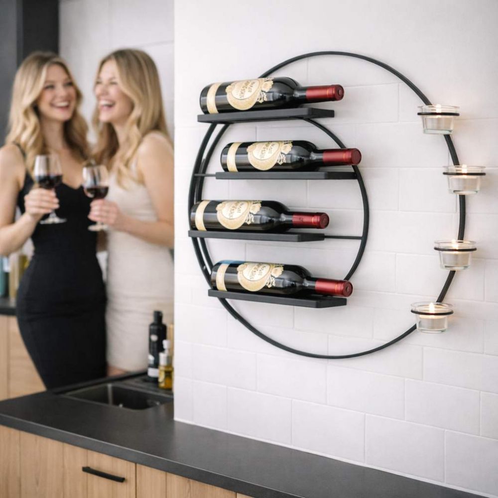 DanDiBo Wall Wine Rack Metal for 4 Bottles and Tealights 55 cm Black Vivace 96214 Round Bottle Rack Bottle Holder Wall Mount Wall Shelf