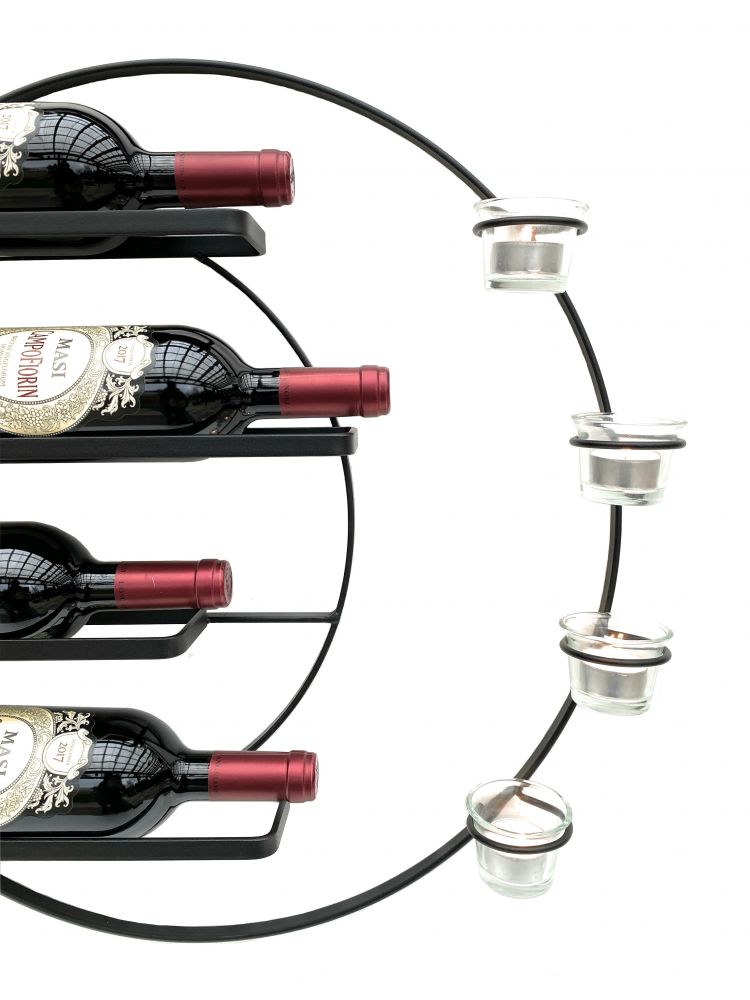 DanDiBo Weinregal für 4 Flaschen und Teelichter Metall 55 cm Wand Schwarz Vivace 96214 Rund Flaschenregal Flaschenhalter Wandmontage Modern Wandhalter Wandregal
