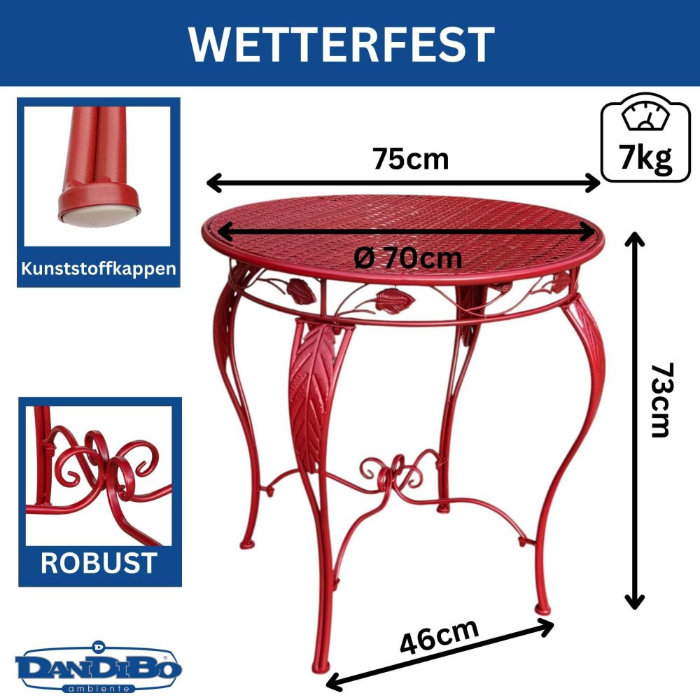 DanDiBo Bistro Table Round 70 cm Metal Iron Red Weatherproof Rosso 96711 Garden Table Antique Metal Table Balcony Table Terrace Table Table