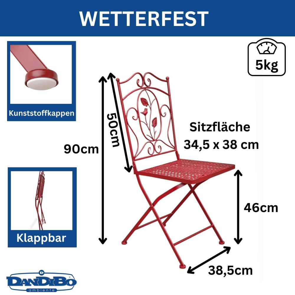 DanDiBo Folding Garden Chair Antique Red Metal Rosso Weatherproof 90 cm 96710 Metal Chair Iron Chair Balcony Chair Terrace Chair Bistro Chair Folding Chair