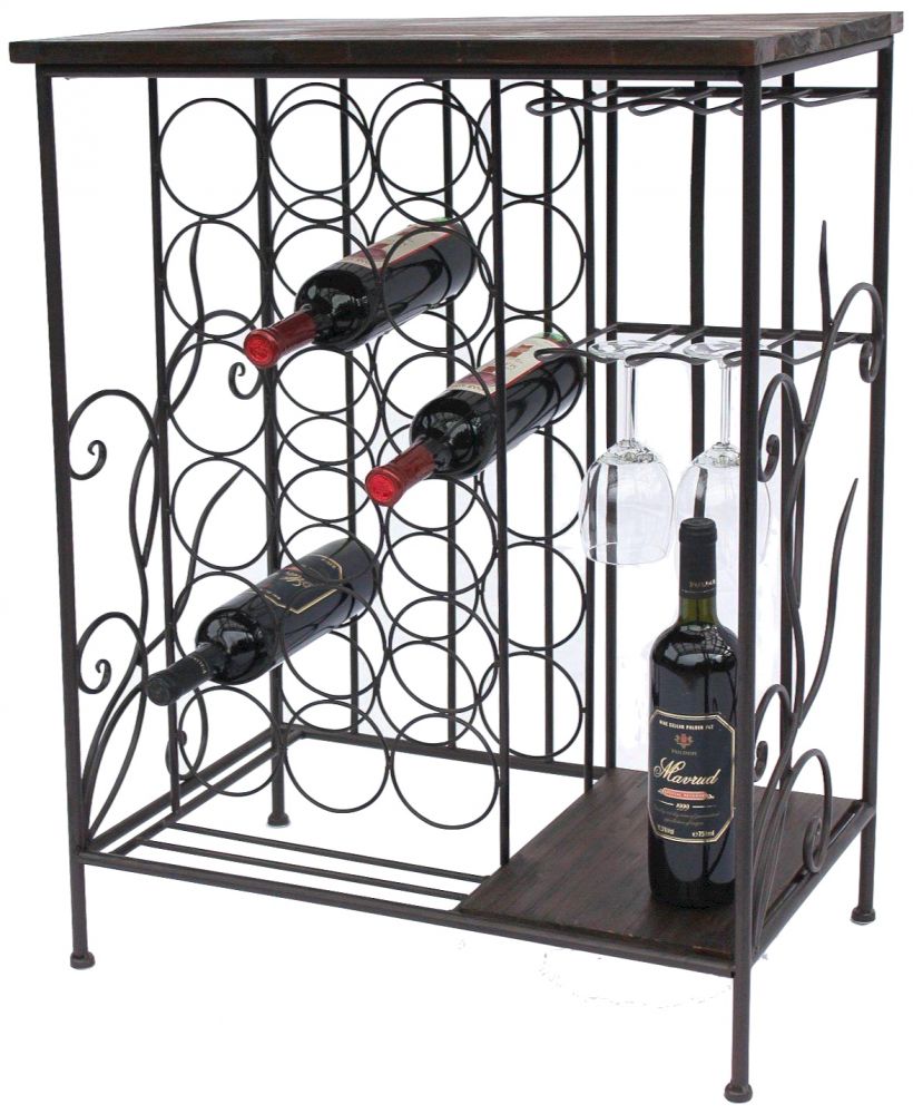 DanDiBo Wine rack with wooden shelf 12977 Bottle rack with glass holder 83 cm Brown Metal Wood Bottle holder Wine cabinet Shelf Standing