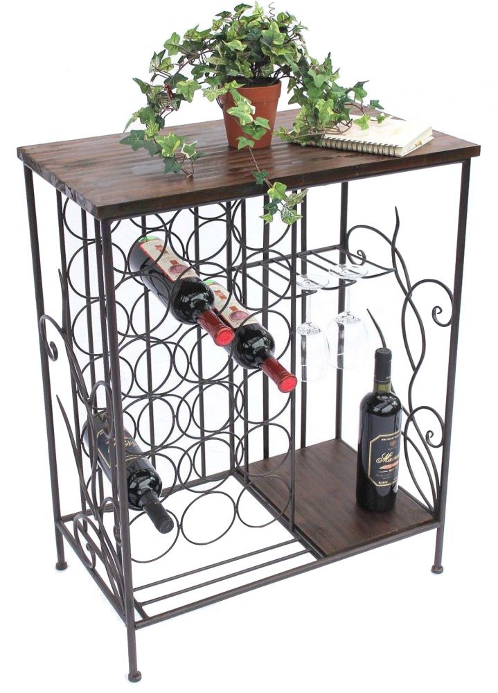 DanDiBo Wine rack with wooden shelf 12977 Bottle rack with glass holder 83 cm Brown Metal Wood Bottle holder Wine cabinet Shelf Standing