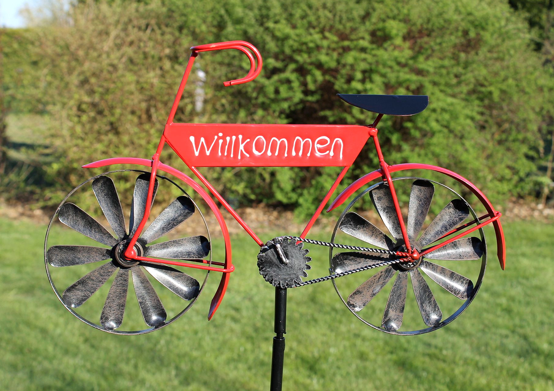 Gartenstecker Metall Fahrrad Willkommen Windspiel Windrad